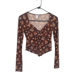 Y2K Fairy Grunge Floral Ruched Bust Crop Top XS Brown Ribbed Indie Romantic